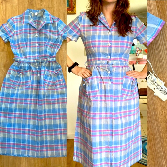 Vintage Dresses & Skirts - Vintage 1950s 1960s Plaid Cotton Dress